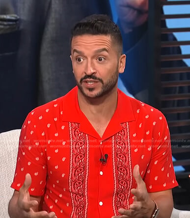 Jai Rodriguez’s red paisley print shirt on E! News Daily Pop