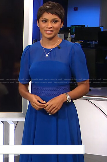 Jericka’s blue embroidered waist dress on CBS Evening News