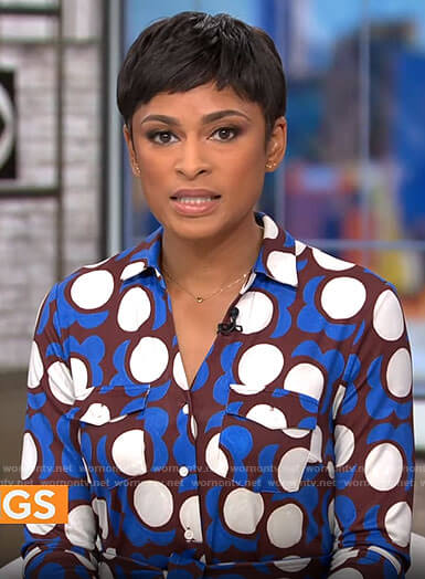 Jericka Duncan’s burgundy and blue printed shirtdress on CBS Mornings