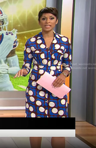 Jericka Duncan's burgundy and blue printed shirtdress on CBS Mornings