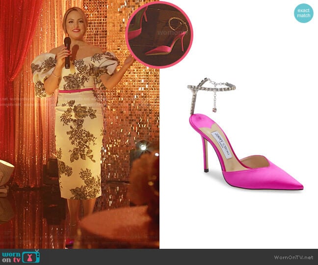 Jimmy Choo Saeda Crystal Ankle Strap Pointed Toe Pump worn by Fallon Carrington (Elizabeth Gillies) on Dynasty