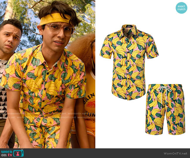 Jogal Short Sleeve Button Down Hawaiian Shirt Suit in Pink Yellow worn by Carlos Rodriguez (Frankie A. Rodriguez) on High School Musical The Musical The Series