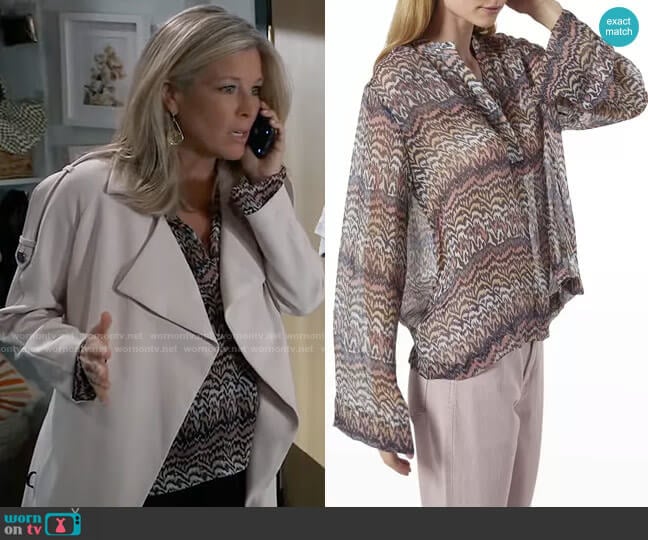 Joie Bezona Long-Sleeve V-Neck Silk Top worn by Carly Spencer (Laura Wright) on General Hospital