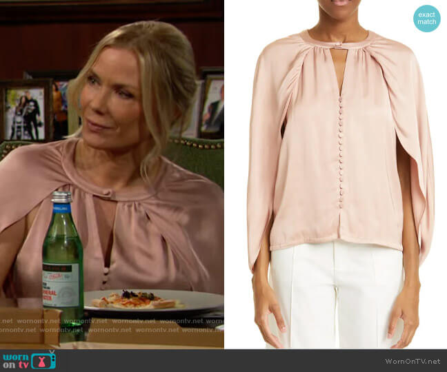 Jonathan Simkhai Audrey Fluid Satin Button-Up Blouse worn by Brooke Logan (Katherine Kelly Lang) on The Bold and the Beautiful