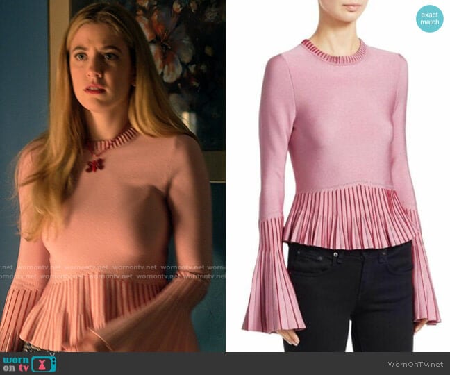 Jonathan Simkhai Metallic Knit Pleated Sweater worn by Kelly Beasley (Mallory Bechtel) on Pretty Little Liars Original Sin