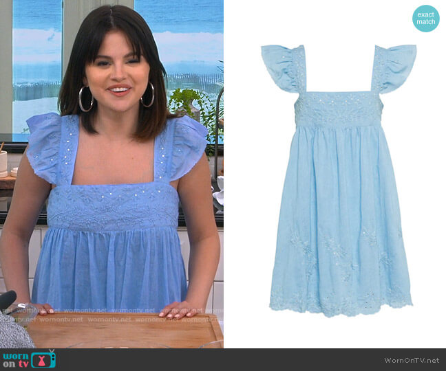 Juliet Dunn Baby Doll embroidered cotton minidress worn by Selena Gomez on Selena + Chef