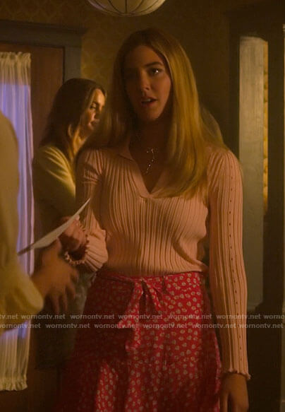 Karen’s pink polo top and floral skirt on Pretty Little Liars Original Sin