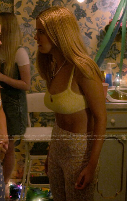 Karen's yellow fluffy bralette and floral pants on Pretty Little Liars Original Sin