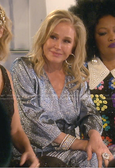 Kathy's blue lame jumpsuit on The Real Housewives of Beverly Hills