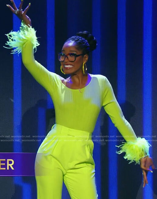 Keke Palmer's neon gree feather cuff top on Password