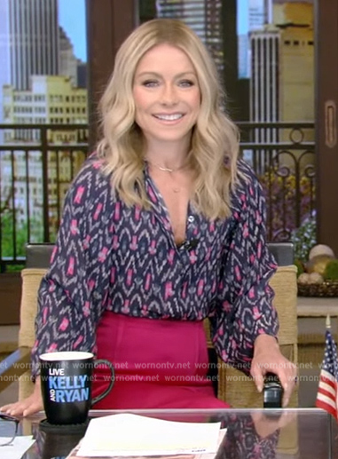 Kelly's navy print blouse and pink skirt on Live with Kelly and Ryan