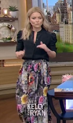 Kelly’s black blouse and floral skirt on Live with Kelly and Ryan
