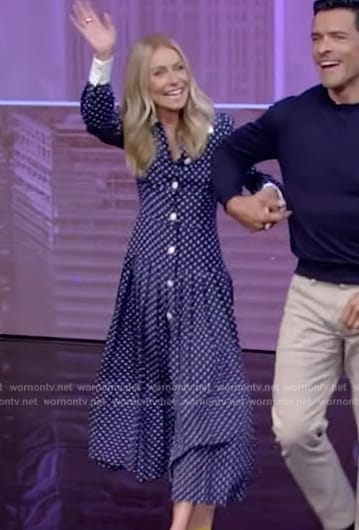 Kelly’s navy polka dot shirtdress on Live with Kelly and Mark