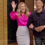 Kelly’s pink satin blouse and grey pencil skirt on Live with Kelly and Mark