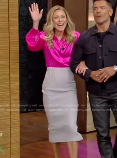 Kelly's pink satin blouse and grey pencil skirt on Live with Kelly and Mark