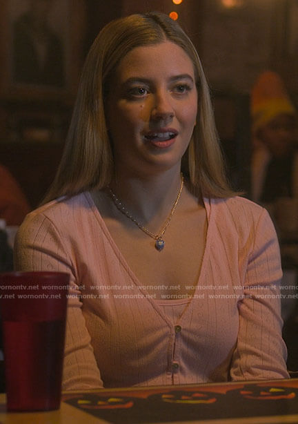 Kelly’s pink knit top and cardigan set on Pretty Little Liars Original Sin