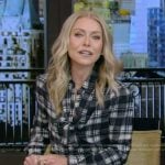 Kelly’s black plaid blouse and grey pencil skirt on Live with Kelly and Ryan