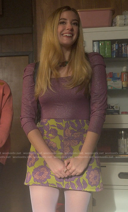 Kelly’s purple metallic top and floral skirt on Pretty Little Liars Original Sin