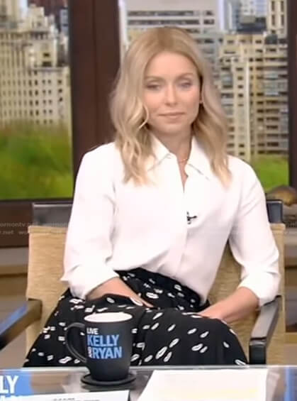 Kelly’s white blouse and black printed skirt on Live with Kelly and Ryan
