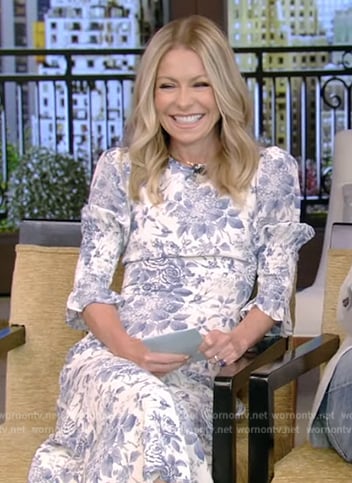 Kelly’s white and blue floral midi dress on Live with Kelly and Ryan