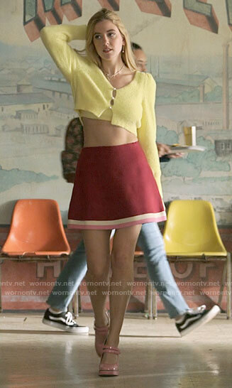Kelly’s yellow sweater and red skirt on Pretty Little Liars Original Sin