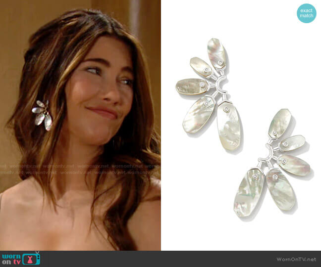 Kendra Scott Ashlyn Earrings in Rhodium/Ivory Mother-Of-Pearl worn by Steffy Forrester (Jacqueline MacInnes Wood) on The Bold and the Beautiful