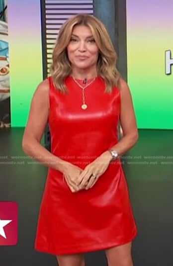 Kit’s red leather mini dress on Access Hollywood