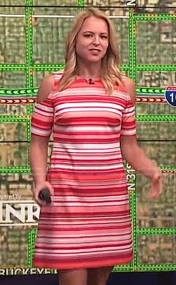 Lauren Rainson’s pink striped cold shoulder dress on Today
