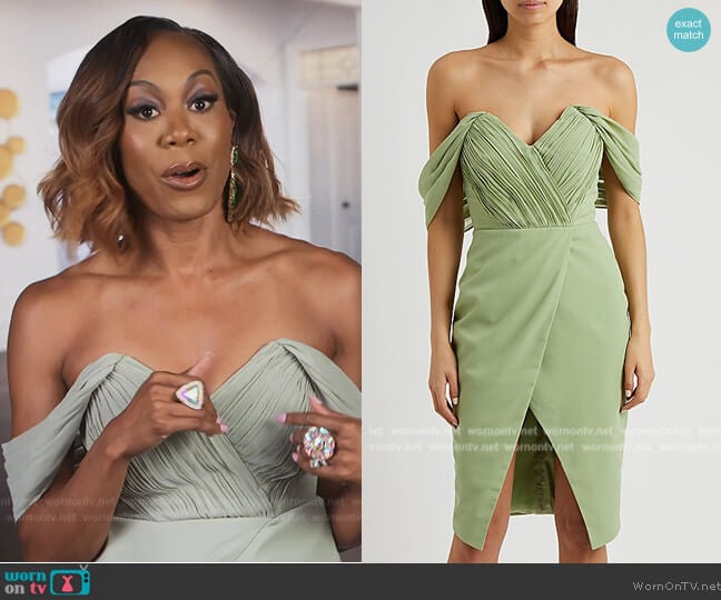 Lavish Alice Sage plissé off-the-shoulder dress worn by Sanya Richards-Ross on The Real Housewives of Atlanta