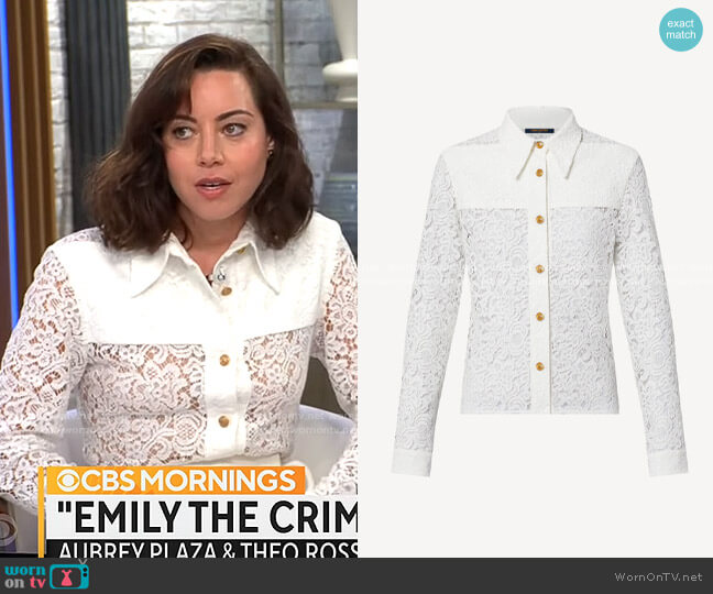 Louis Vuitton Floral Lace Shirt worn by Aubrey Plaza on CBS Mornings