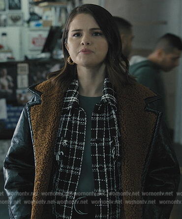Mabel's black leather shearling coat on Only Murders in the Building