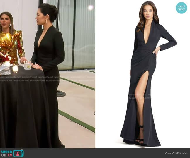 Mac Duggal High Slit Ruched Jersey Gown worn by Crystal Kung Minkoff on The Real Housewives of Beverly Hills