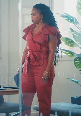 Malika's red ruffled jumpsuit on Everythings Trash