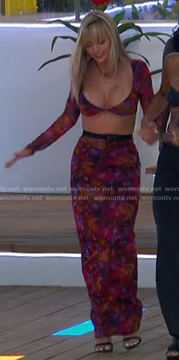 Mackenzie's pink floral maxi skirt and crop top set on Love Island USA