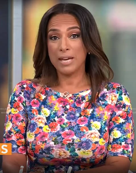Michelle Miller’s floral short sleeve dress on CBS Mornings