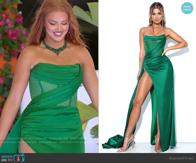 Miss Circle Holly Green Crystallized Corset High Slit Satin Gown worn by Sydney Paight on Love Island USA