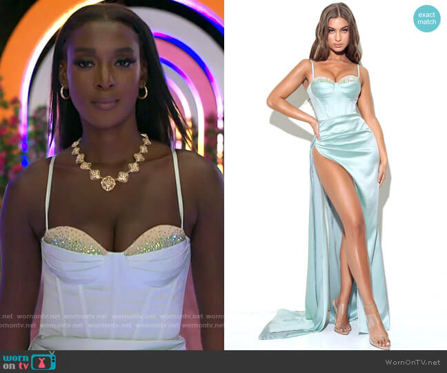 Miss Circle Vanity Mint Satin High Slit Draping Corset Gown With Crystals worn by Zeta Morrison on Love Island USA