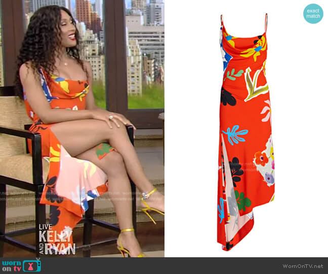 Monse Asymmetrical Floral Slit Dress worn by Michaela Jaé on Live with Kelly and Mark