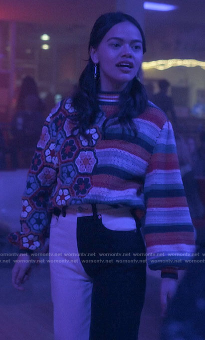 Mouse's crochet and stripe sweater at bowling on Pretty Little Liars Original Sin
