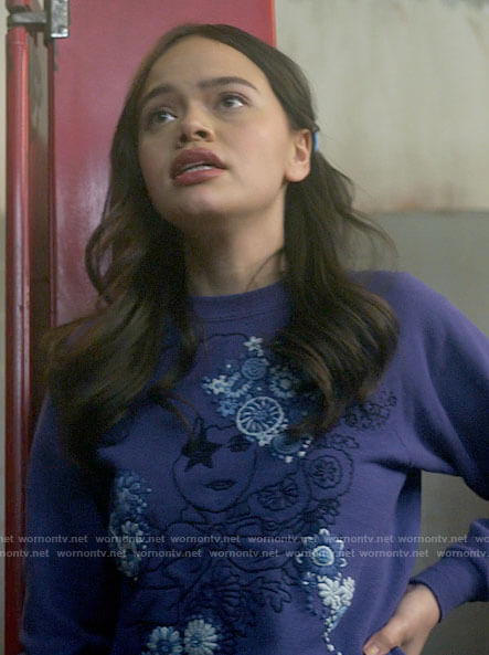 Mouse’s blue embroidered sweatshirt on Pretty Little Liars Original Sin