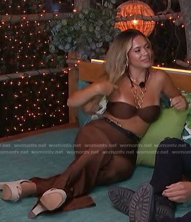 Nadjha's brown chain link crop top and pants set on Love Island USA