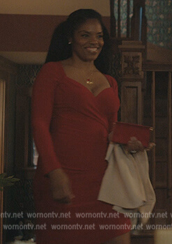 Nina's red ruched side midi dress on The Chi