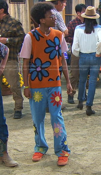 Noah's orange floral vest and jeans on Bunkd