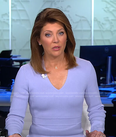 Norah’s lilac ribbed v-neck dress on CBS Evening News