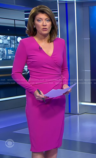 Norah's pink ruched sheath dress on CBS Evening News