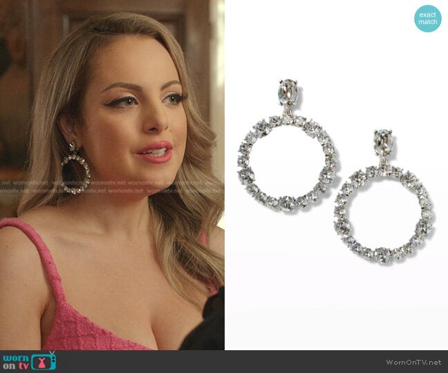 Oscar de la Renta Rainbow Crystal Open Hoop Clip-On Earrings worn by Fallon Carrington (Elizabeth Gillies) on Dynasty