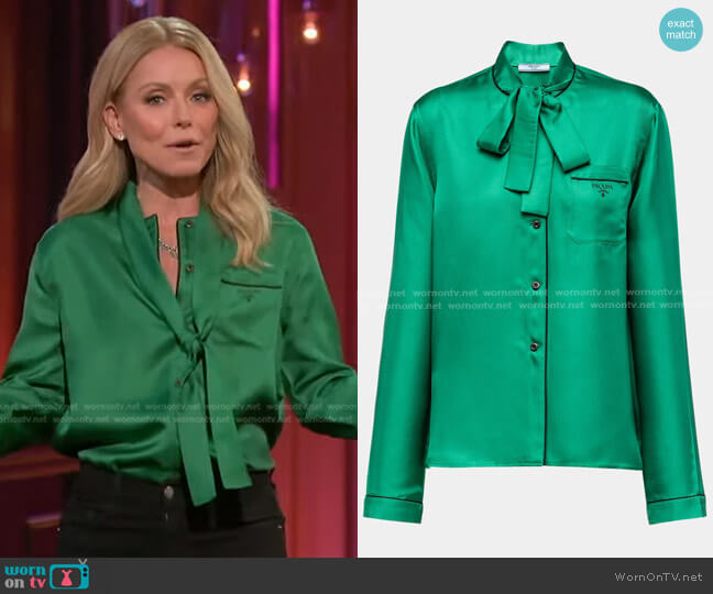 Prada Scarf-Tie Silk Blouse with Contrast Piping worn by Kelly Ripa on Generation Gap