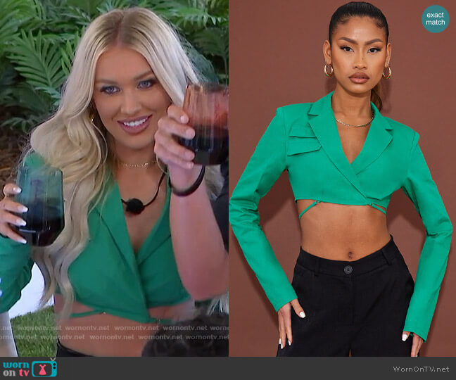 Pretty Little Thing Bright Green Woven Cut Out Tie Waist Crop Blazer Shirt worn by Mady McLanahan on Love Island USA