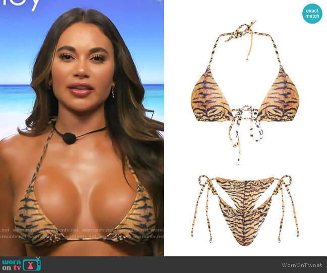 Pretty Little Thing Brown Tiger Adjustable String Tie Padded Triangle Bikini worn by Courtney Boerner on Love Island USA