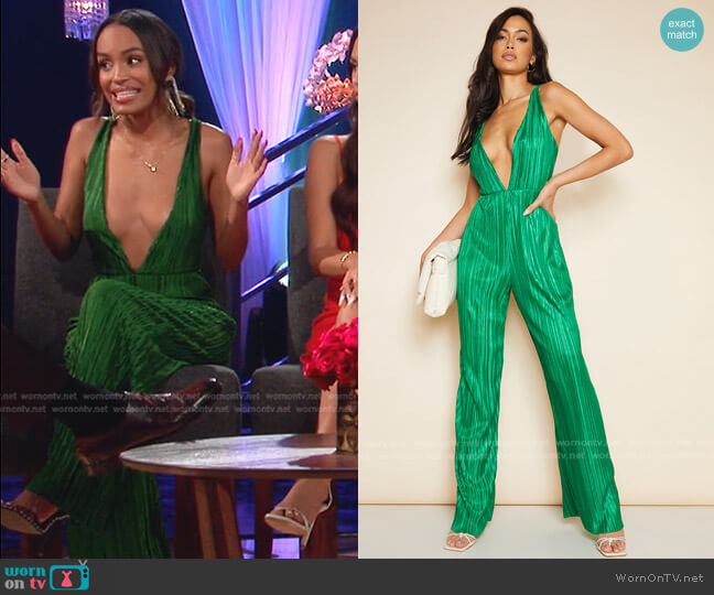 Pretty Little Thing Plisse Plunge Strappy Jumpsuit worn by Serene Russell on The Bachelorette